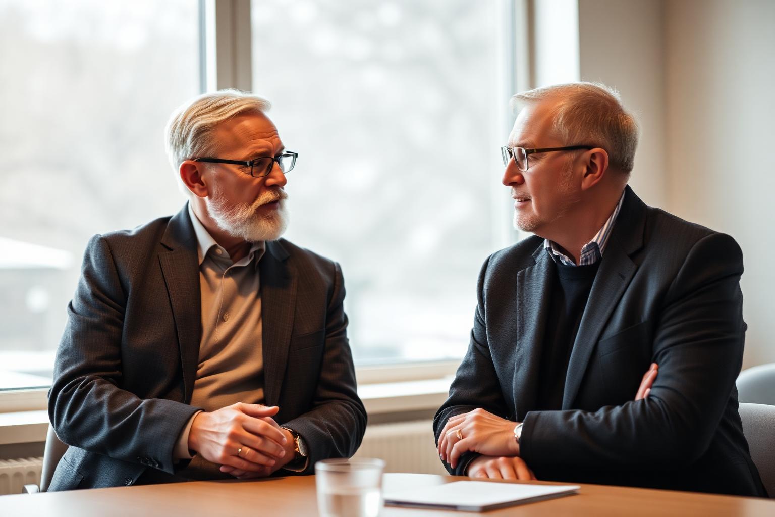 To erfarne ledere i fokusert samtale i et lyst nordisk møterom